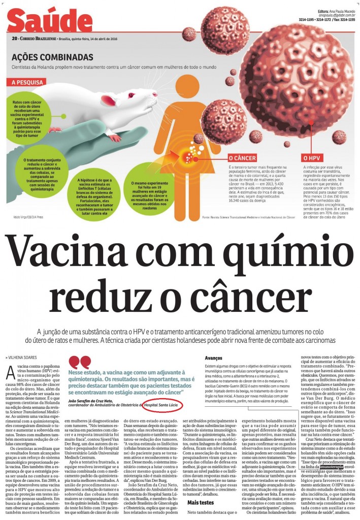 Correio Braziliense - Vacina com químio reduz o câncer - HSL - 14-04-2016