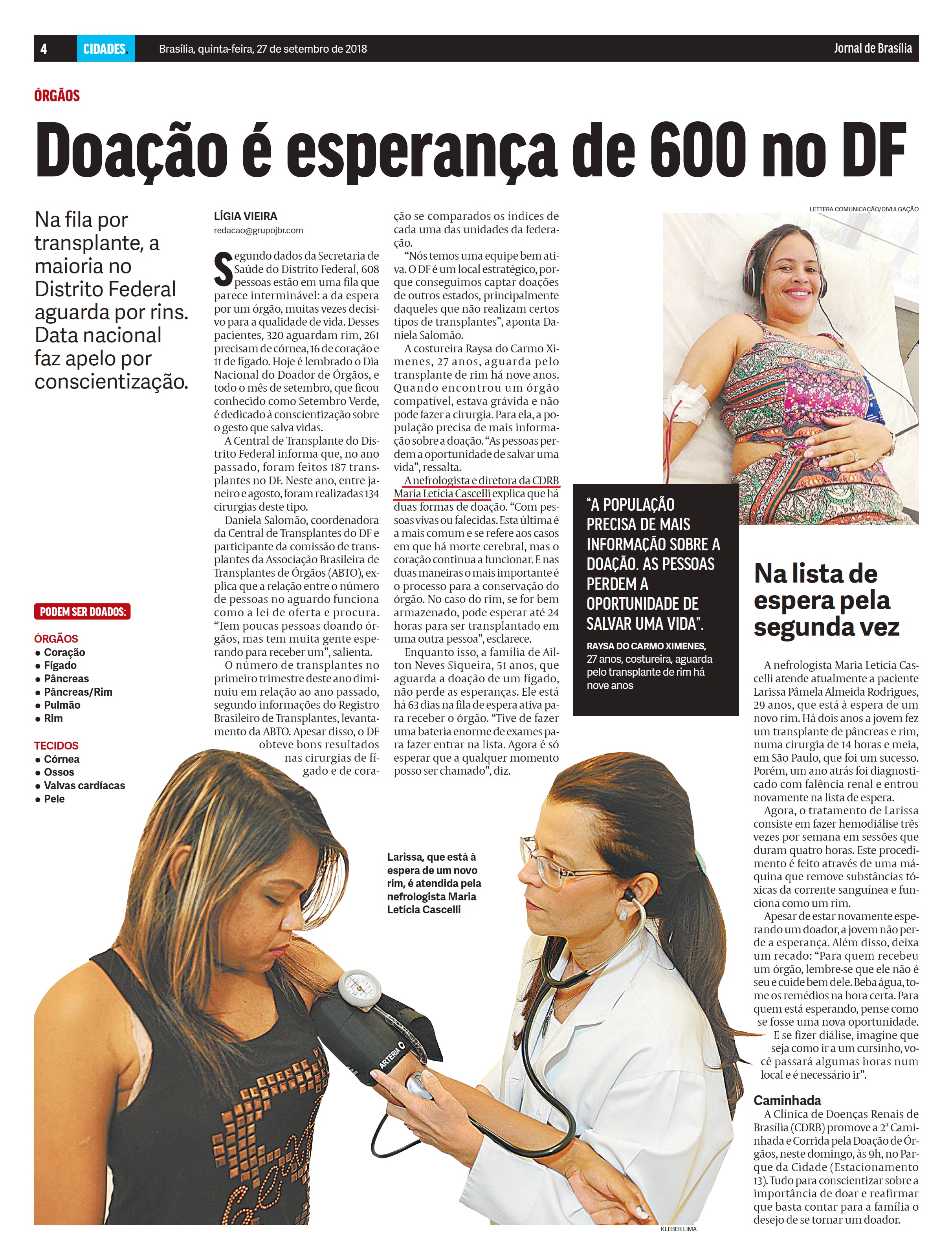 Jornal de Brasília - Dra. Maria Letícia Cascelli CDRB - 27-09-2018