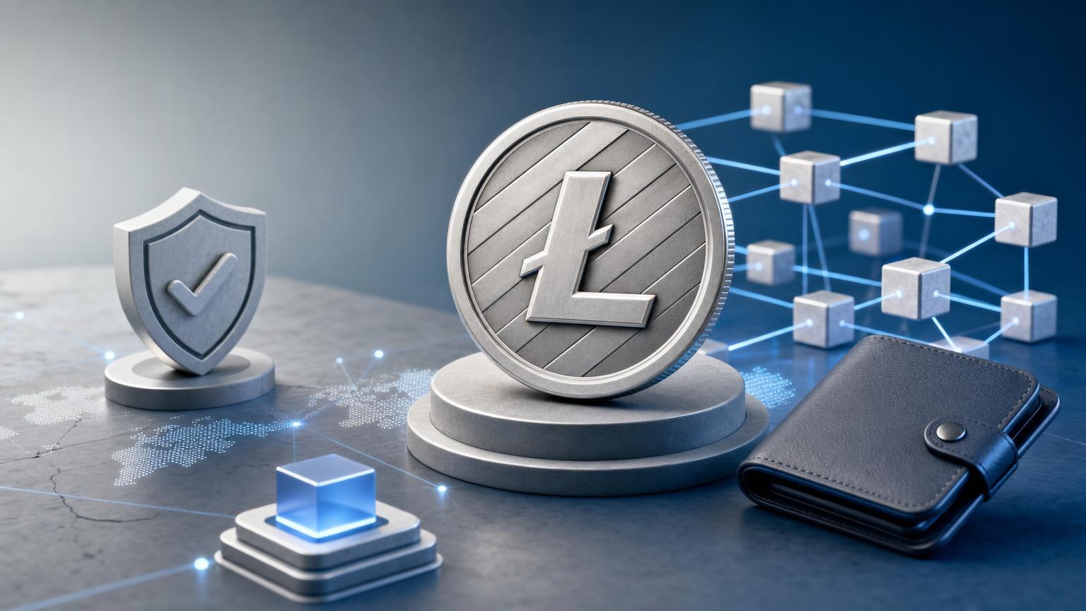 Representação da rede Litecoin com moedas LTC, endereços digitais, blocos conectados e confirmações de uma transação